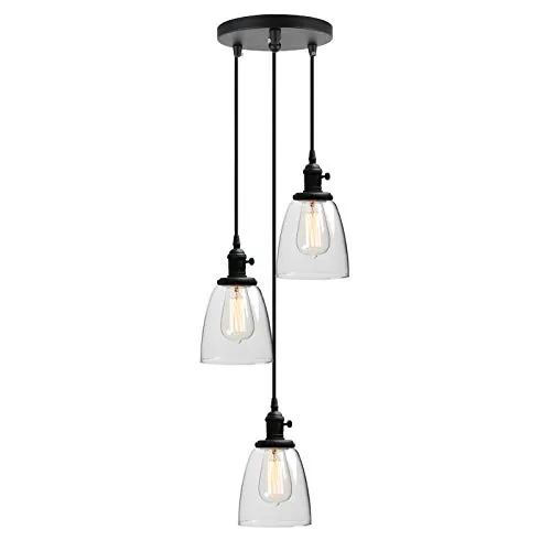 Phansthy Pendelleuchte 3 Flaming Glocken Klar Glas Hängeleuchte Vintage Hängelampen Retro Design Modernes Hängeleuchte Pendelleuchten Loft-Pendelleuchte im Landstil (Schwarz Farbe)