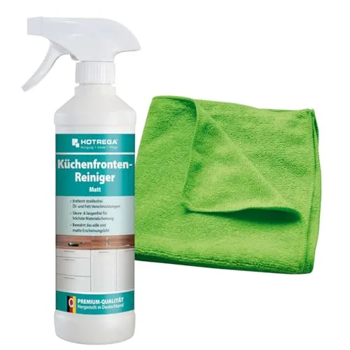 HOTREGA Küchenfronten-Reiniger matt Set 2-teilig - Reinigungsmittel für matte Küchenfronten, entfernt mühelos Öl- und Fettverschmutzungen und bewahrt das edle Erscheinungsbild. Inklusive hochwertigem Microfasertuch für streifenfreie Reinigung.