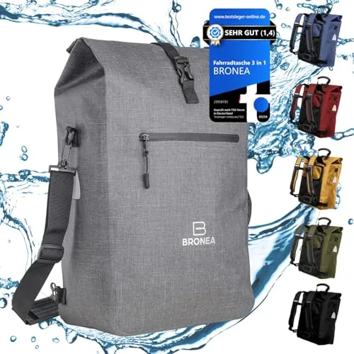 Bronea 3 in 1 Fahrradtasche Wasserdicht - 28L - Kombi Rucksack & Umhängetasche - Gepäckträgertasche für Fahrrad - TPU600 Material - Integrierte Laptoptasche - Schnellmontage an Gepäckträger | GRAU
