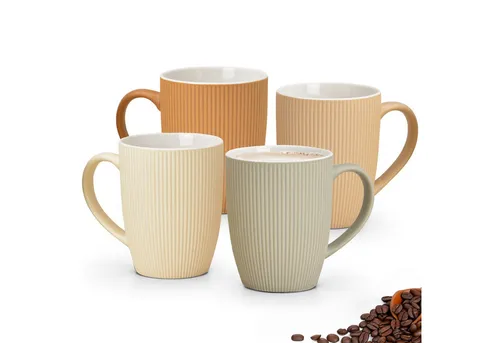 matches21 HOME & HOBBY Tasse Kaffeetassen 4er Set einfarbig gerippt Pastellfarben Rillen, 4-tlg., Keramik, Tee Kaffee-Becher, modern, orange beige creme grün, 300 ml