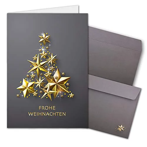 NEUSER PAPIER 10x Weihnachtskarten-Set DIN A6 in Grau mit goldenem Weihnachtsbaum aus Sternen - Faltkarten mit passenden Umschlägen - Weihnachtsgrüße für Firmen und Privat