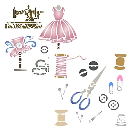 Nähschablone, 2 Stück/11,5 x 11,5 cm (S) – Modedesigner-Nähset, Schere, Spulenhut, Ständer, Kleiderform, Schablonen für Malvorlage 2 x