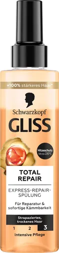 GLISS Express-Repair-Spülung Total Repair 200ml - Haarspülungen für sofortige Kämmbarkeit und weniger Haarbruch. Mit flüssigem Keratin und Hitzeschutz bis 230 °C sorgt sie für geschmeidiges, glänzendes Haar.
