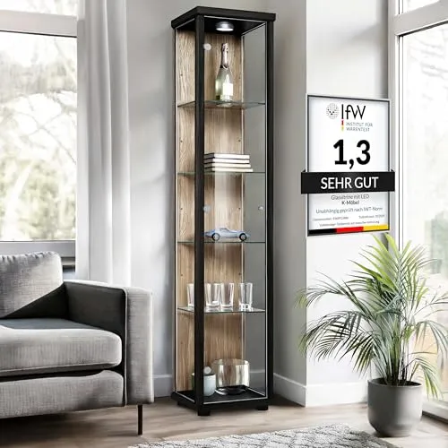 K-Möbel Glasvitrine Stehend - Eleganter Vitrinenschrank mit LED-Beleuchtung - Glasvitrine aus hochwertigem Material, ideal zur stilvollen Präsentation von Sammlerstücken. Mit 4 höhenverstellbaren Glasböden und LED-Beleuchtung für eine beeindruckende Inszenierung.