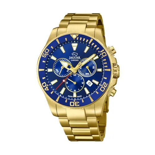 Jaguar Executive Diver Herrenuhr - Goldfarben/Blau - Chronograph mit Quarzwerk, wasserdicht bis 20 ATM und leuchtenden Zeigern für optimale Sichtbarkeit. Elegantes Design mit goldfarbenem Edelstahlarmband und blauem Ziffernblatt.