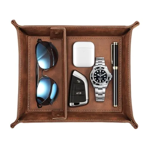 SITHON Taschenleerer, Tablett Organizer Ablage Aufbewahrungsbox Abnehmbare 2 Fächer Kunstleder Ablageschale für Handy Schmuck Schlüssel Kleingeld Geldbörse und Büroausstattung, (Braun)