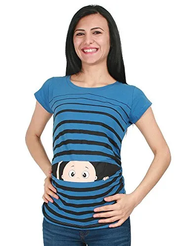 Witziges Schwangerschafts T-Shirt mit Motiv – Kurzarm (Blau, Small) - Modisches T-Shirt mit seitlichen Raffungen für den wachsenden Bauch, ideal als Geschenk zur Schwangerschaft. Trendiger Rundhals-Ausschnitt.