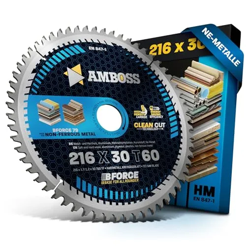 HM Kreissägeblatt 216x30 Z60 für Aluminium - Kreissägeblätter für Tisch- und Kappsägen, optimales Sägeblatt für Aluminium mit geringer Schnittbreite, ideal für akkubetriebene Kreissägen - spart Akkuleistung und verlängert die Nutzungsdauer.