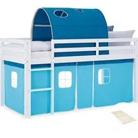 Homestyle4u Hochbett 90x200 mit Tunnel und Rausfallschutz - Kinderbett aus massivem Kiefernholz in Weiß und Blau, inklusive abnehmbarem Vorhang und Sicherheitsumrandung für sicheren Schlaf und kreatives Spielen.