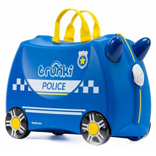 Produktbild Trunki Handgepäck Und Kinderkoffer zum Draufsitzen | Kinder Risen Geschenk für Mädchen Und Jungen | Trolley Percy das Polizeiauto (Blau)