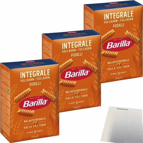 Barilla Integrali Fusilli Vollkorn Nudeln 3er Pack 3x500g Packung usy Block