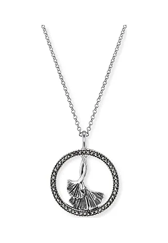 Engelsrufer Halskette mit Ginkgo-Anhänger aus Sterlingsilber und Markasit in der Farbe Silber-Schwarz, Länge: 42cm +4cm +4cm, ERN-GINKGO-MA