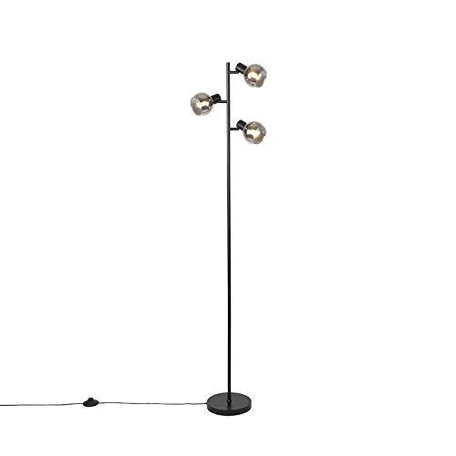 Qazqa Art Deco Stehleuchte schwarz mit Rauchglas – 3-Licht E14 - Elegante Art Deco Stehleuchte für stilvolle Innenräume. Dimmbar (Dimmer nicht enthalten) und ideal für Wohnzimmer, Schlafzimmer und Büro. Max. 3 x 25 Watt, IP20 Schutz.