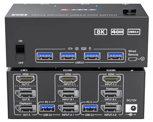 KVM Switch 2 PC 3 Monitore HDMI+2 Displayport 8K@60Hz 4K@144Hz, MLEEDA Triple Monitor KVM Switch für 2 PC Teilen 3 Monitors und 4 USB3.0-Geräte, mit 12V Netzteil,Verdrahtet Fernbedienung und 2 Kabel