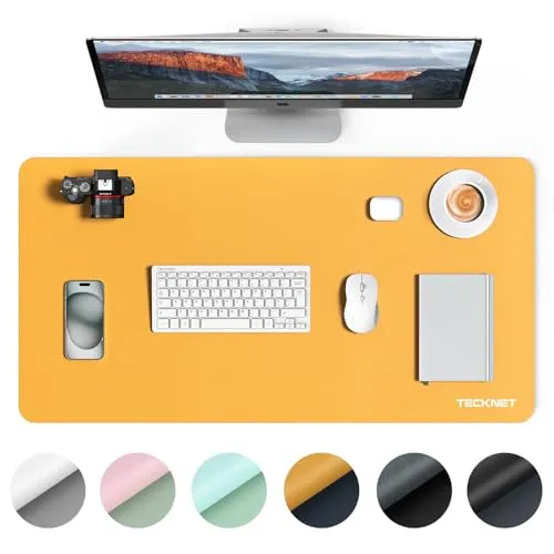 TECKNET Schreibtischunterlage, 80 x 40cm Große Tischschutzpolster, Wasserdichte Laptop Desk Mat,PU Leder Tischunterlage, Abwischbar Doppelseitige Schreibunterlage für Büro/Zuhause (Dunkelblau/gelb)