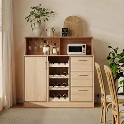 Anrichte Mdf Natur/weiß 120 X 40 X 121 Cm Mit Weinregal, Gläserhalter, Steckdose, Led Und Viel Stauraum