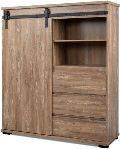 Finori Vitrine Highboard Kommode Marrakesch - Vitrine in Valhalla Eiche und Milford Kiefer braun, mit 3 Schubladen und modernem Holzdesign – ideal für stilvolle Aufbewahrung und Präsentation.