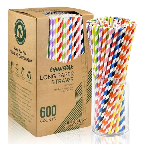 Bunte Lange Einweg Trinkhalme aus Papier, 26 x 0,6 cm, 600 Stück – für Partys, Hochzeiten, Getränke, Bars, Restaurants