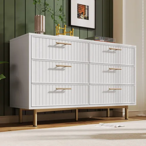 Schubladenkommode Weiß mit 6 Schubladen – Modernes Sideboard für Schlafzimmer & Wohnräume - Elegante Schubladenkommode in Weiß mit dekorativen Griffen. Sechs großzügige Schubladen bieten viel Stauraum für Kleidung und Zubehör. Robuste Konstruktion für eine langlebige Nutzung und einfache Montage.