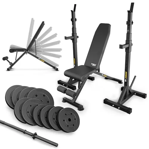 Trex Sport Hantelbank TX-150B mit Gewichten Set | klappbar, 66 kg Hantelscheiben, verstellbare Rückenlehne
