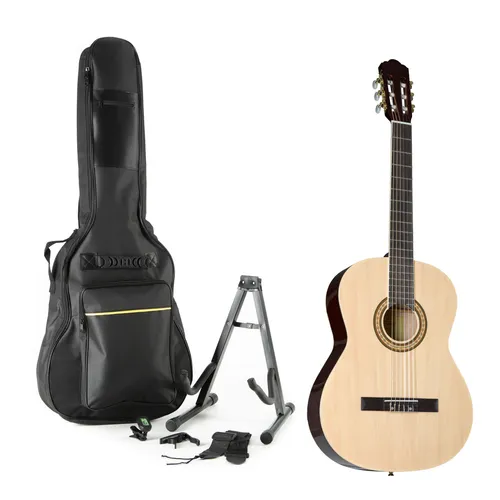 Almeria Konzertgitarre Set 2 Natural für Anfänger - Klassische Gitarre mit attraktivem Hochglanz-Finish, ideal für Einsteiger. Inklusive Zubehörset mit Gigbag, Stimmgerät und mehr.