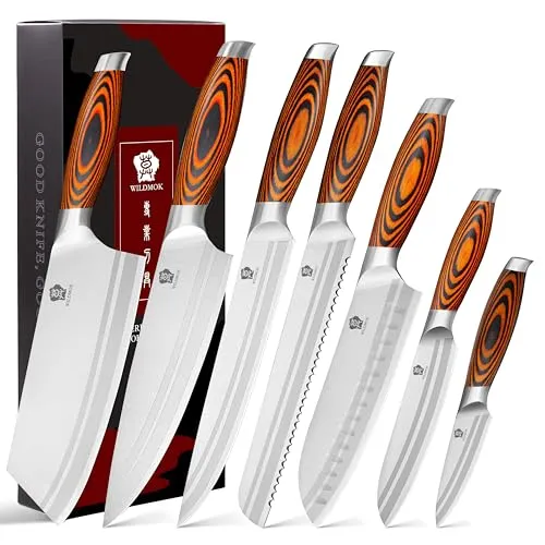 WILDMOK 7-teiliges Küchenmesserset mit Premium-Pakkawood-Griff Deutsches Stahlmesserset Inklusive Hackmesser-Kochmesser Santoku-Messerset