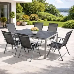 Gartengarnitur 7tlg Gartenmöbel Set Alu Silber Non-Wood 180x90cm + 6 Hochlehner - Stilvolle 7-teilige Sitzgruppe aus Aluminium und Polywood. Klappbare Hochlehner bieten Komfort für bis zu 6 Personen. Ideal für entspannte Stunden im Garten.