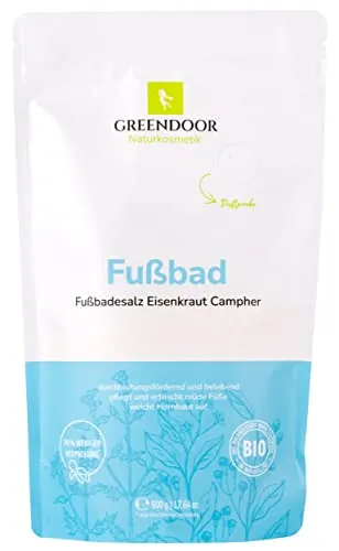 GREENDOOR Fussbad Eisenkraut 500g, natürlich frischer Duft, Natur Fußbadesalz mit BIO Jojobaöl Meersalz & Milch, Pflege und Hygiene bei Fußpilz/Nagelpilz, Naturkosmetik Badezusatz Füsse