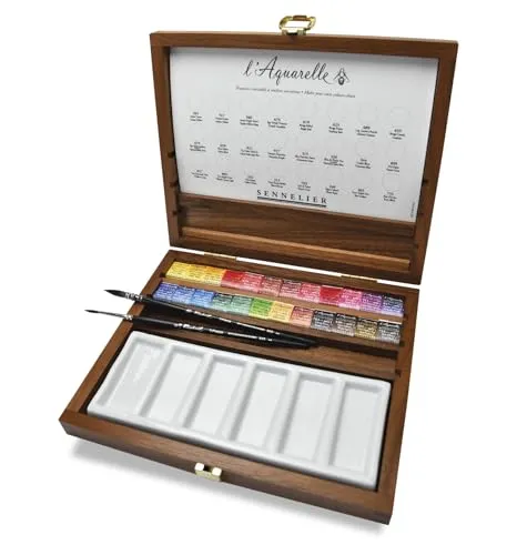 Sennelier Aquarellfarbe Set mit 24 halben Näpfchen - Schreibutensilien: Edler Holzkasten mit 24 extra-feinen Aquarellfarben auf Honigbasis für kreative Künstler und Malbegeisterte.
