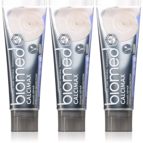 BIOMED – Calcimax Zahnpasta 3 x 100 g, stärkt und stellt den Zahnschmelz wieder her, schützt vor Karies, reinigt sanft, beruhigt Zahnfleisch und Empfindlichkeit, frei von Fluorid, SLS, PEG, Saccharin