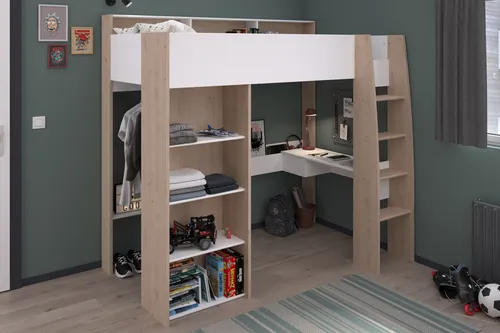 Parisot Hochbett Shelter 11 mit integriertem Schreibtisch - Kinderzimmermöbel mit integriertem Schreibtisch, ideal für Platzersparnis und Organisation im Kinderzimmer. Maximale Belastbarkeit von 80 kg und pflegeleichte Oberfläche.