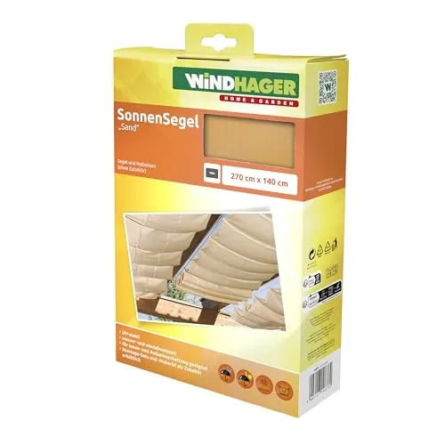 Windhager Sonnensegel 270 x 140 cm - Seilspannmarkise für Wintergarten und Terrasse - Sonnenschutz für drinnen und draußen, lichtdurchlässig für blendfreies Licht, hochwertiger Stoff mit UV-Schutz und wasserabweisend, ideal für flexible Montage.