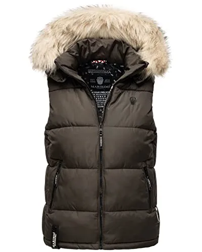 MARIKOO Damen Winter Weste mit Kapuze und Fellkragen B896 - Funktionsjacken: Trendige Steppweste aus weichem Material, ausgestattet mit praktischen Taschen und einem großen Fellkragen für zusätzlichen Komfort und Stil.