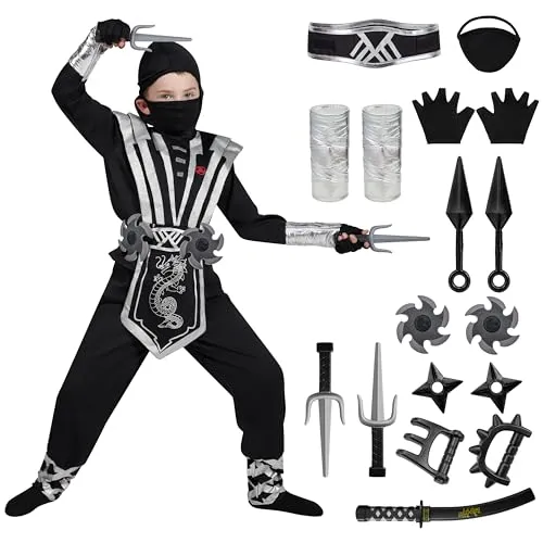 Spooktacular Creations Kind Silbernes Deluxe Ninja Kostüm set mit Ninja Schaumstoff Zubehör, Halloween Dress Up für Jungen und Mädchen, Kung Fu Outfit, Halloween Ideen, Ninja Rollenspiel