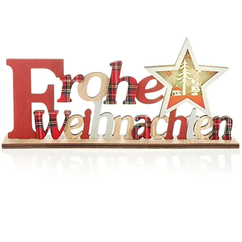 com-four® LED Deko Aufsteller aus Holz - beleuchteter Schriftzug auf Holzsockel - Deko-Schriftzug zum Hinstellen für Weihnachten - Stimmungslicht mit Timer (rot + Stern)