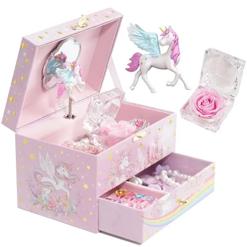 ProCase Kinder Musik Box Schmuckkästchen mit Einhorn & Konservierten Blumen