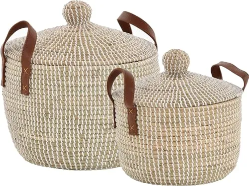 Set/ 2Handgearbeiteter Seegras Dekokorb mit Deckel zur Aufbewahrung Flechtkorb Korb Natur mit weißen Wicklungen Rund (Hell Natur, Set/2 Rund mit Deckel (Ø37 / Ø30cm))