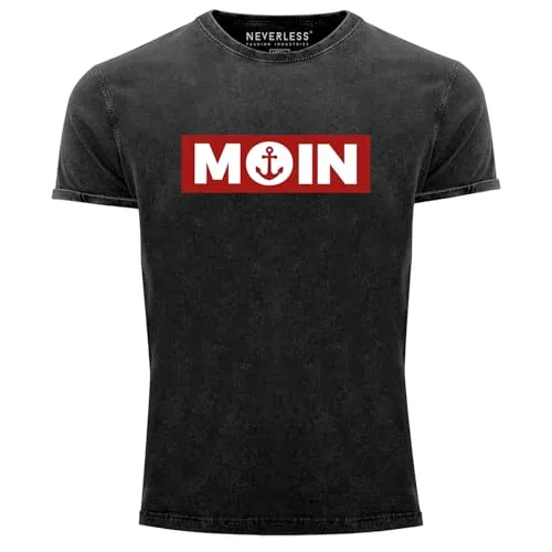 Neverless® Herren Vintage Shirt Moin Anker Print T-Shirt Slim Fit Schwarz XXL - Lässiges Vintage Shirt mit norddeutschem Moin-Gruß und Anker-Design. Der körperbetonte Schnitt und der hochwertige Baumwollstoff garantieren hohen Tragekomfort und einen modernen Look.