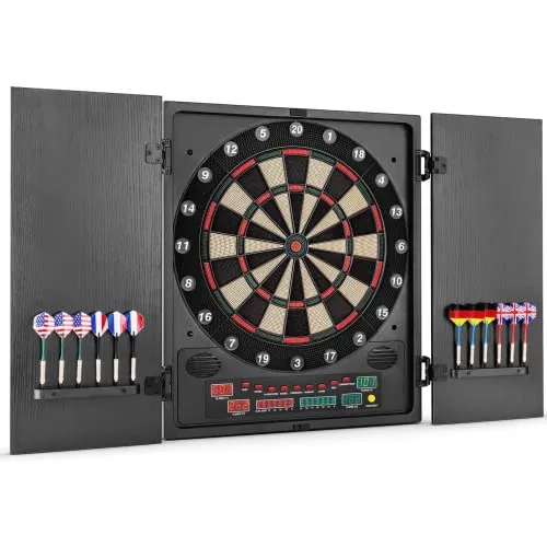 OneConcept - Dartmaster 180 Dartautomat, Dartscheibe elektronisch, E-Darts, Dartboard mit bis zu 8 Spieler, virtueller Gegner, LED-Anzeigen, 12 Pfeile, Schwarz