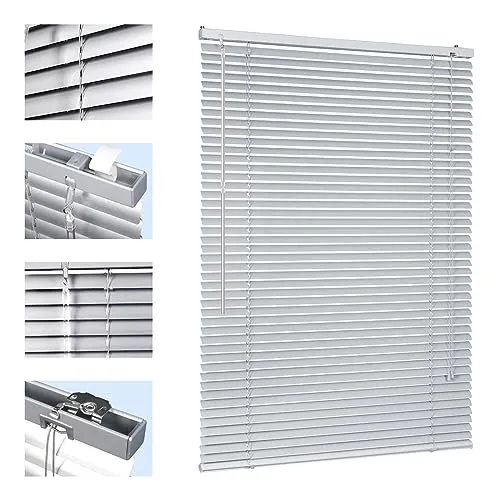 Sekey Klemmfix-Jalousie für Fenster freihängend, 25mm Alu-Lamellen, mit Bohren, inklusive Montagematerial Aluminium-Jalousie ohne Bohren, 90x160cm,Silber