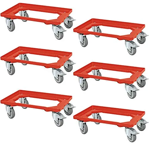 BRB 6 Logistikroller für Behälter 600x400 mm, 4 Lenkrollen, 2 Rollen mit Bremse, rot