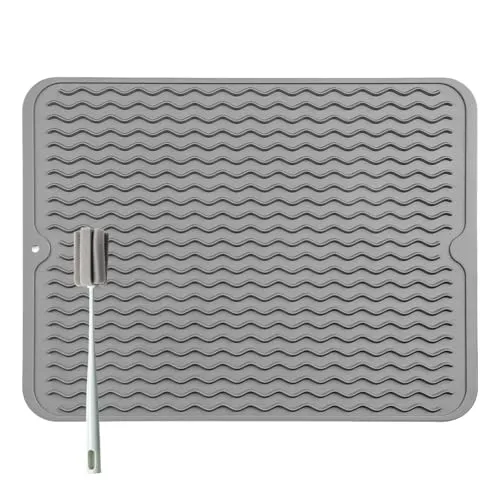 Silikon Abtropfmatte für Geschirr - 50 x 40 cm Abtropfmatte für Geschir, BPA-frei, Geschirr Trockenmatte, Hitzebeständig, Rutschfest, Spülmatte Abtropfunterlage mit Bürste (Grau, 50 x 40 cm)