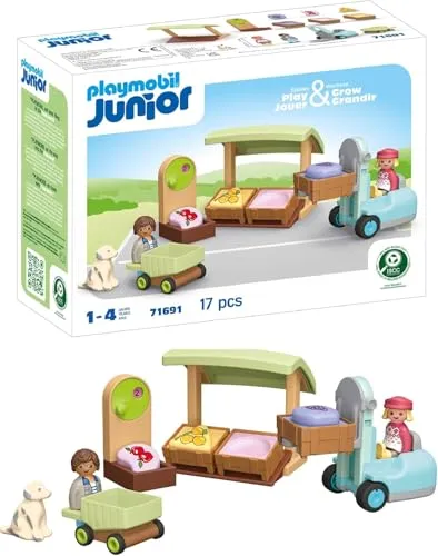 Junior: Bio-Marktstand & Gabelstapler Konstruktionsspielzeug 71691 - Spielzeug für Kinder von 12 Monaten bis 4 Jahren, 17-teiliges Konstruktionsset aus hochwertigem Kunststoff fördert Kreativität und motorische Fähigkeiten.