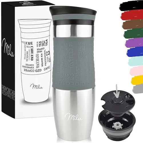 Milu Thermobecher Kaffee to go 370ml, 450ml Isolierbecher Kaffeebecher - 100% Auslaufsicher - Trinkbecher aus Edelstahl - Autobecher doppelwand Isolierung - Travel Mug (Grau, 450ml)