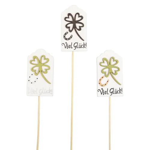 Holz Blumenstecker Glücksdeko mit Kleeblatt und Hufeisen Botschaft, 12 Stück