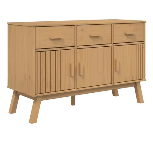furnicato Sideboard aus massivem Kiefernholz Braun 114 x 43 x 73,5 cm - Stilvolles Sideboard im skandinavischen Design aus robustem Kiefernholz, ideal für jeden Raum. Mit drei Schubladen und drei Türen bietet es viel Stauraum und eine attraktive Präsentationsfläche.