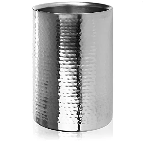 com-four® Flaschenkühler - Sektkühler - Eiswürfelkühler aus Edelstahl, Weinkühler - Eiswürfelkübel doppelwandig - Hammerschlag-Design (1 Stück - silberfarben/gehämmert)