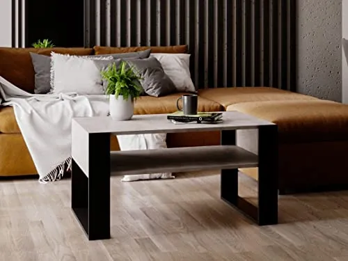 MRBLS_HOME MRBLS Couchtisch – modernes rustikales Design – Wohnzimmer-Tisch Beistelltisch Kaffeetisch Sofatisch Teetisch aus Holz (Beton - Schwarz Matt) - 92 x 45 x 53,6 cm (B/H/T)