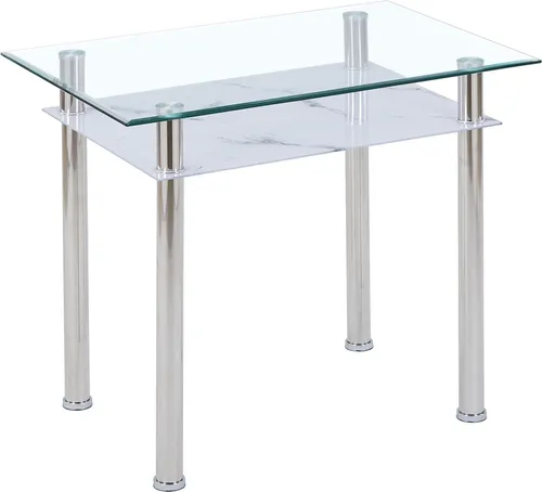Moderner Esstisch mit Glasplatte 90x60 cm – Platzsparend & Pflegeleicht - Esstisch mit eleganter Glasplatte und stabilen Edelstahlbeinen, ideal für 2–4 Personen. Praktische Ablagefläche für zusätzlichen Stauraum – perfekt für kleine Räume.