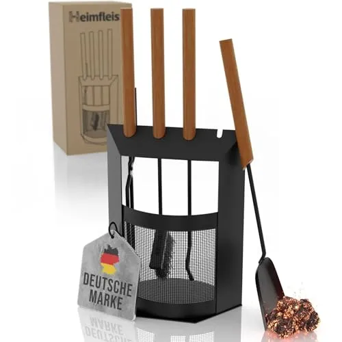 Heimfleiss® Kaminbesteck Schwarz Modern - Premium Kaminzubehör mit Holzgriffen, stilvoll und funktional – ideal für ein sauberes Kaminambiente und ein echter Blickfang in jedem Zuhause.